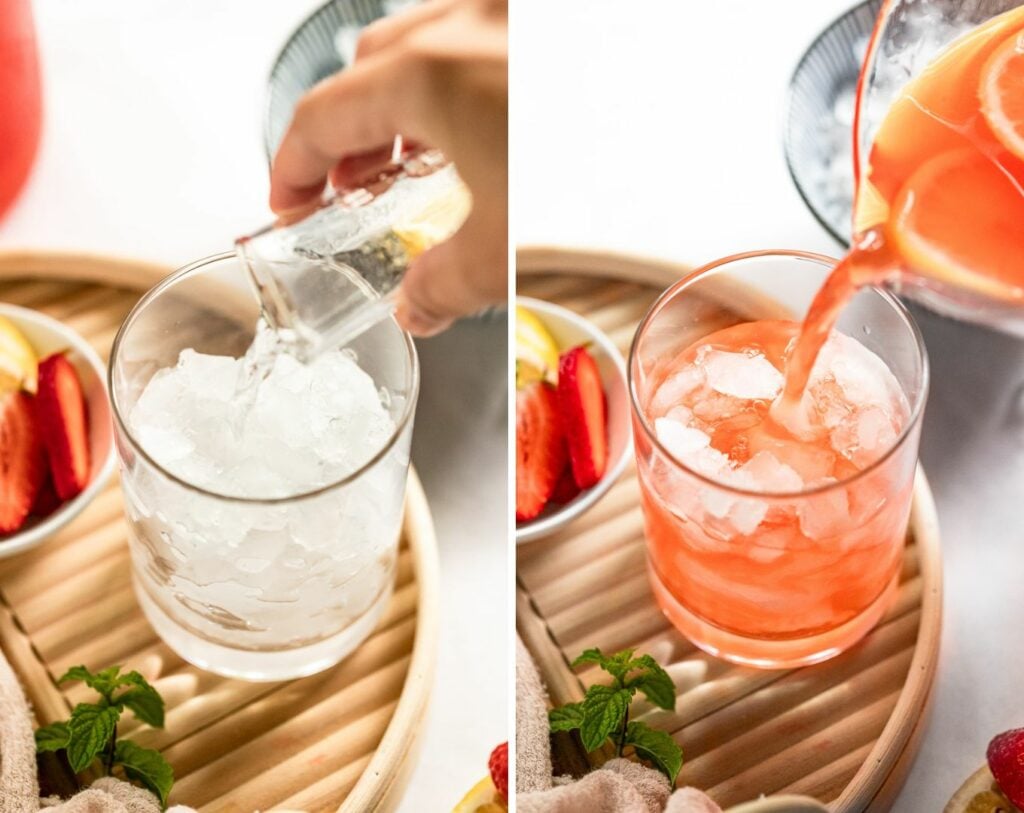 Two images: vodka pouring over ice and lemonade pouring over ice.