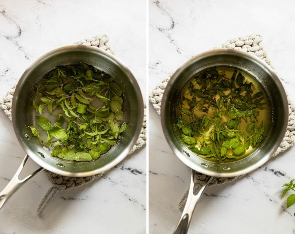 Two images: saucepan with mint leaves before and after simmering.