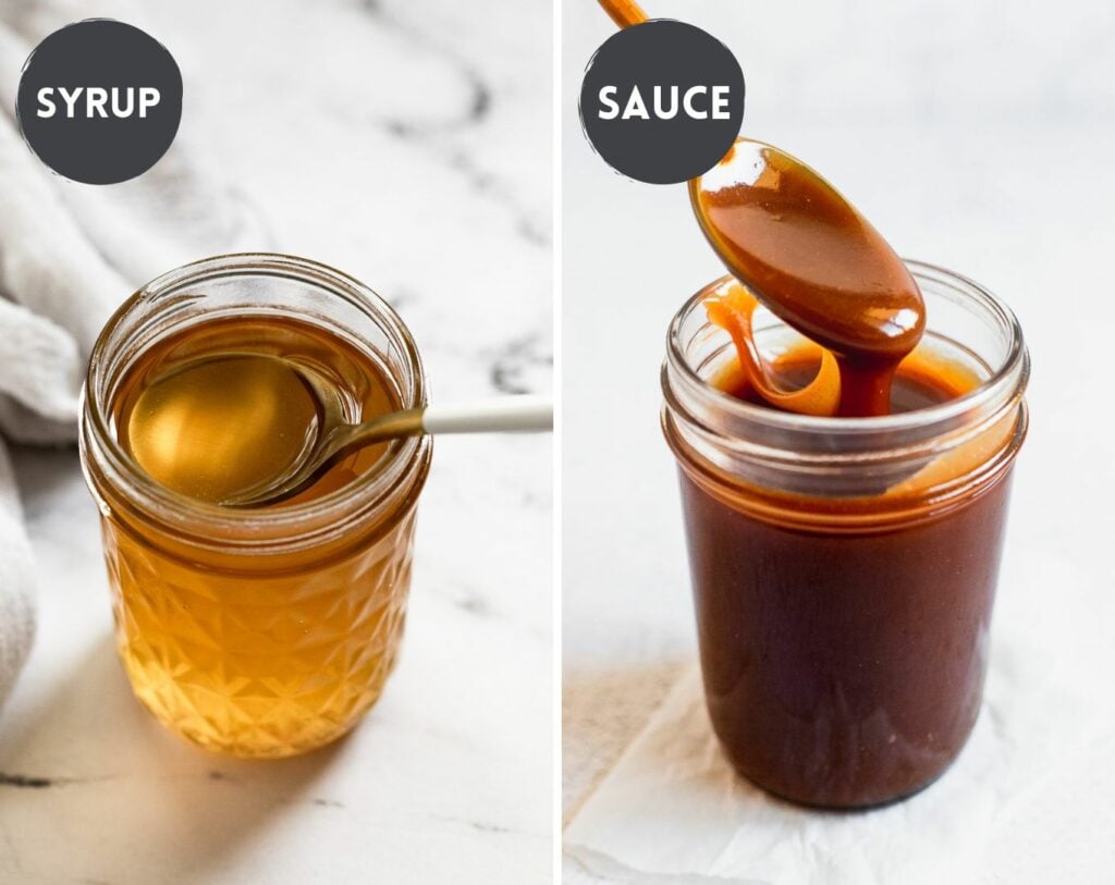 Two images: caramel syrup and caramel sauce in jars with spoons.