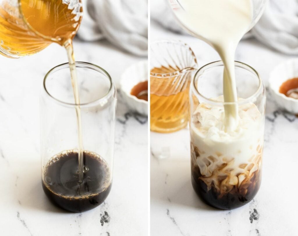 Two images: caramel syrup pouring into espresso and milk pouring over ice.