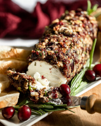 Cranberry goat cheese log on tray with baguette slices.