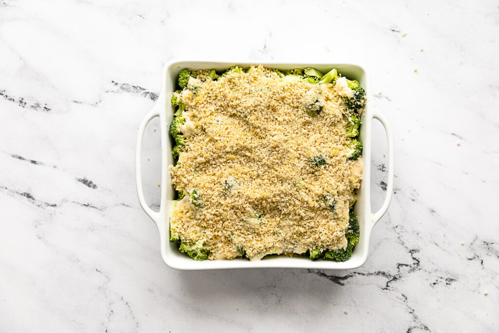 Casserole with breadcrumbs before baking.