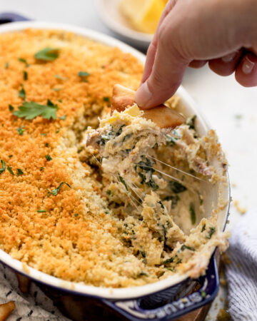 Hand dipping cracker into crab dip.