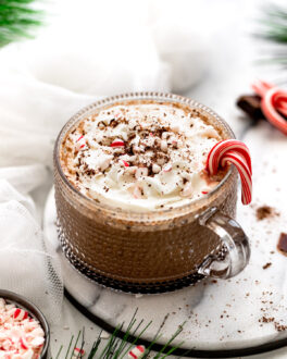 Mug of peppermint mocha on tray with candy canes