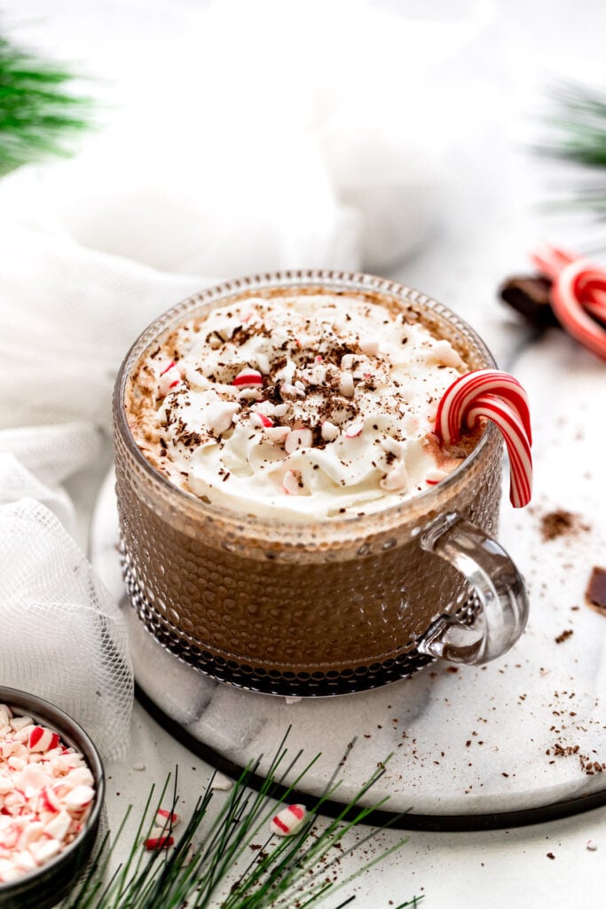 Mocha in mug on tray next to chocolate, candy canes, and tree branches.