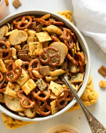 bowl of ranch snack mix with spoon