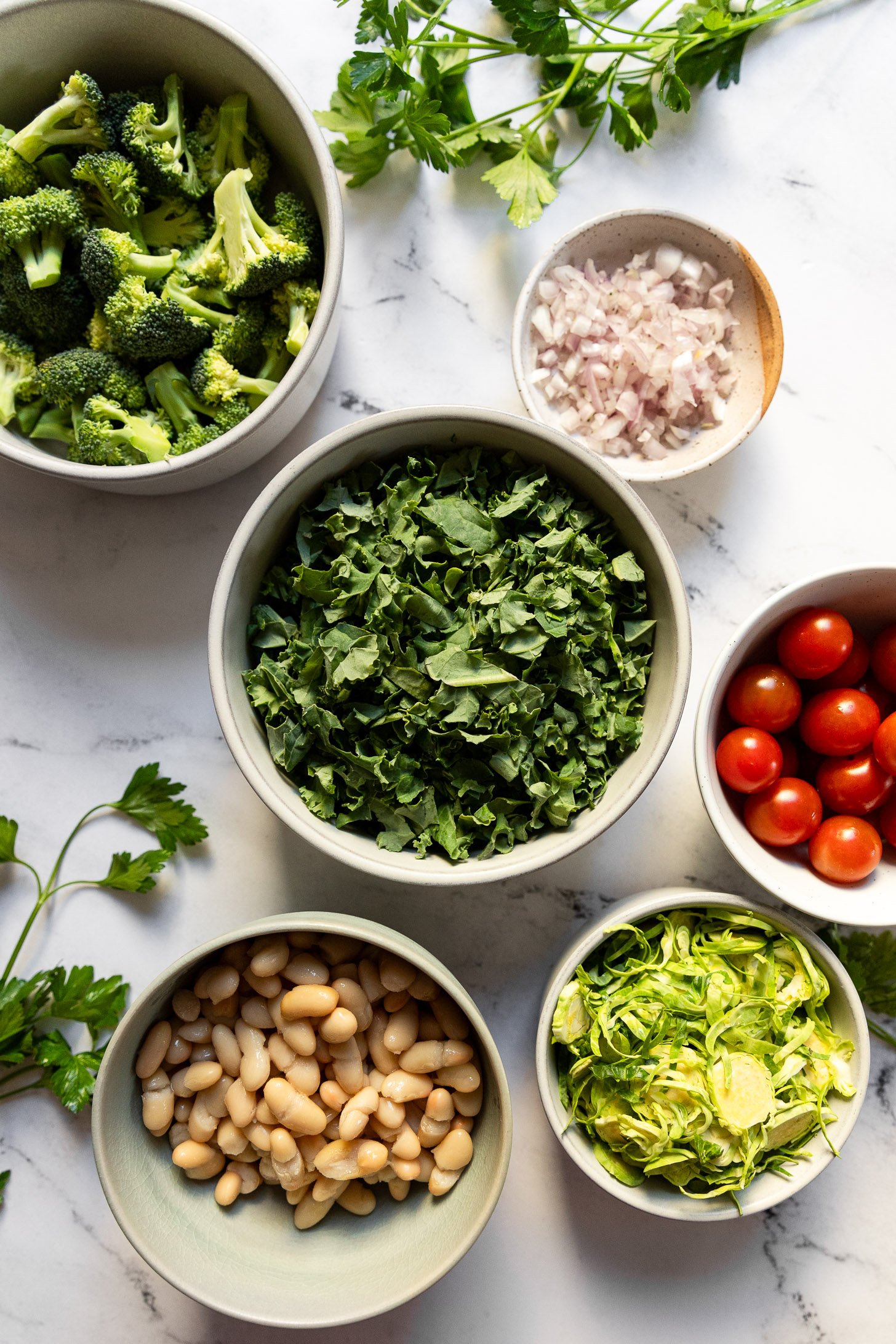 Kale, broccoli, brussels, white beans, tomatoes, and shallot in bowls.