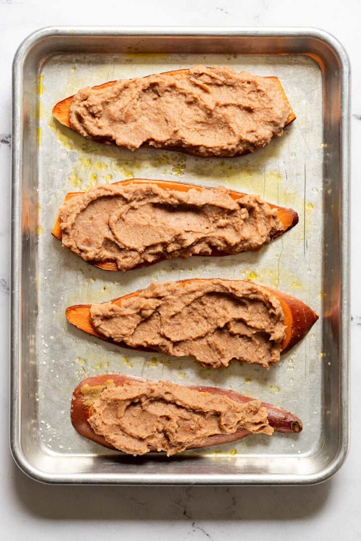 Sweet potato toast with refried beans.