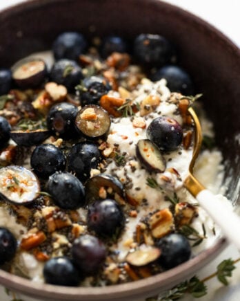 Bowl of cottage cheese topped with blueberries.